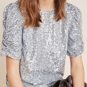Anthropologie puffed shoulder sequin blouse